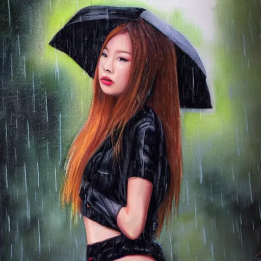 Image similar to a portrait of blackpink Lisa singer posing in the rain