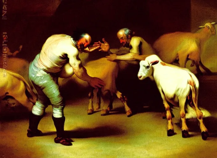 Image similar to man dancing with goats by francisco de goya and greg rutkowski, detailed masterpiece oil painting