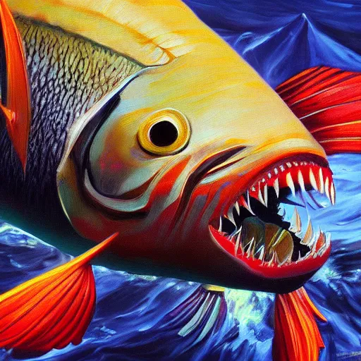 Image similar to oil painting of a fish with sharp teeth, epic, japanese style painting, sharp focus, high details, 4 k