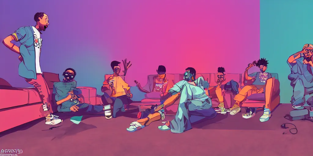 Image similar to four friends rapping into microphone in small living room, epic pose, distinct figures, digital art, vaporwave, psychedelic, surreal, hip hop, trending on Artstation, professional artist, detailed, 4k