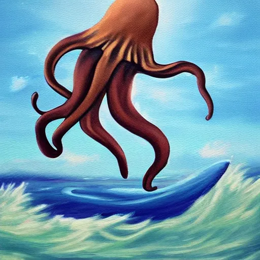 Prompt: painting of a surfing octopus on a surfboard surfing through the clouds