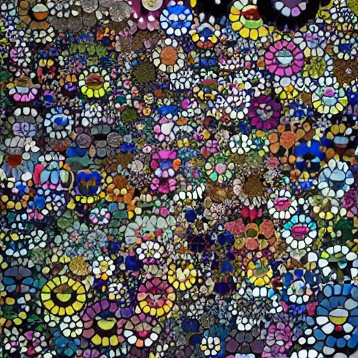 Prompt: camouflage made of flowers, style of takashi murakami, abstract, rei kawakubo artwork, cryptic, stipple, lines, splotch, color tearing, pitch bending, color splotches, dark, ominous, abstract, minimal, points, technical, painting