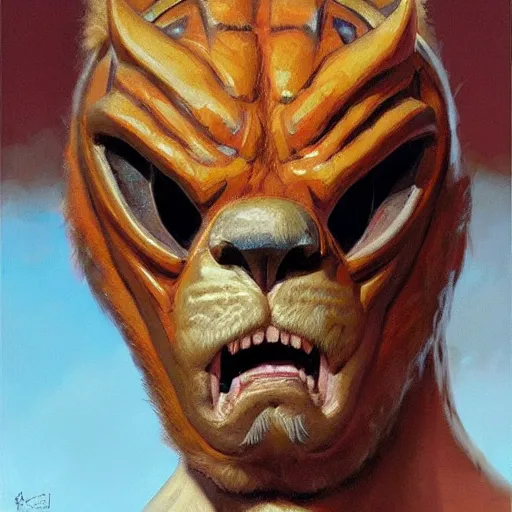 Image similar to Buff wrestler wearing a jaguar mask, closeup character portrait art by Donato Giancola, Craig Mullins, digital art, trending on artstation