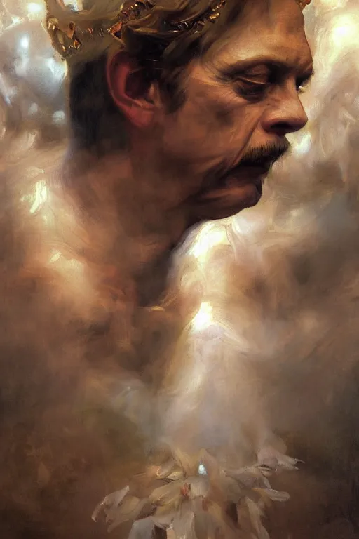 Image similar to beautiful detailed expressive impressionistic oil painting portrait of ancient roman god emperor steve buscemi levitating in angelic pose wearing the civic crown, art by anders zorn, wonderful masterpiece by greg rutkowski, expressive brush strokes, beautiful cinematic light, american romanticism by greg manchess, jessica rossier