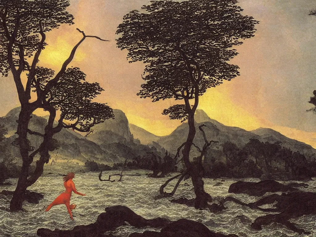 Image similar to Young woman swimming in a turbulent river at sunset. Acacia trees in the wind, blinding lightning strikes. Icy mountains afar. Painting by Lucas Cranach, Caspar David Friedrich