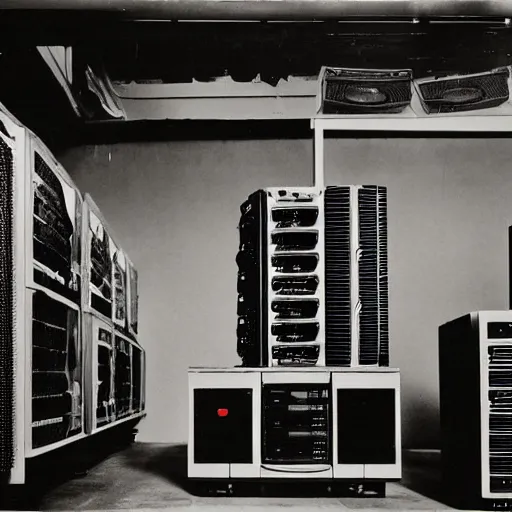 Prompt: underexposed photo of Marcel Duchamp in a machine room full of ancient computers, tri-x, Irving Penn, Jeff Wall, archival pigment print, contemporary art
