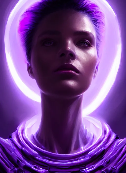 Image similar to top down lighting, extreme close up, stunning portrait of a woman in purple leather future armor with a long black ponytail, purple eyes, glowing with void energy, spaceship hallway, intricate, mood lighting, highly detailed, digital painting, artstation, concept art, smooth, sharp focus, illustration, art by wlop, mars ravelo and greg rutkowski