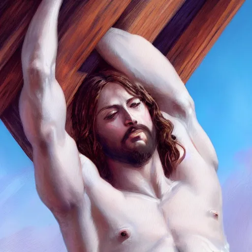 Prompt: jesus crucified by the french with baguettes and croissants, fantasy, high detail, elegant, digital painting, cinematic lighting, vibrant, intricate, textured skin, highly detailed, artstation, sharp, focus, hdr, unreal engine 5, breathtaking, illustration, anna dittmann, ilya kuvshinov, nikolay makovsky