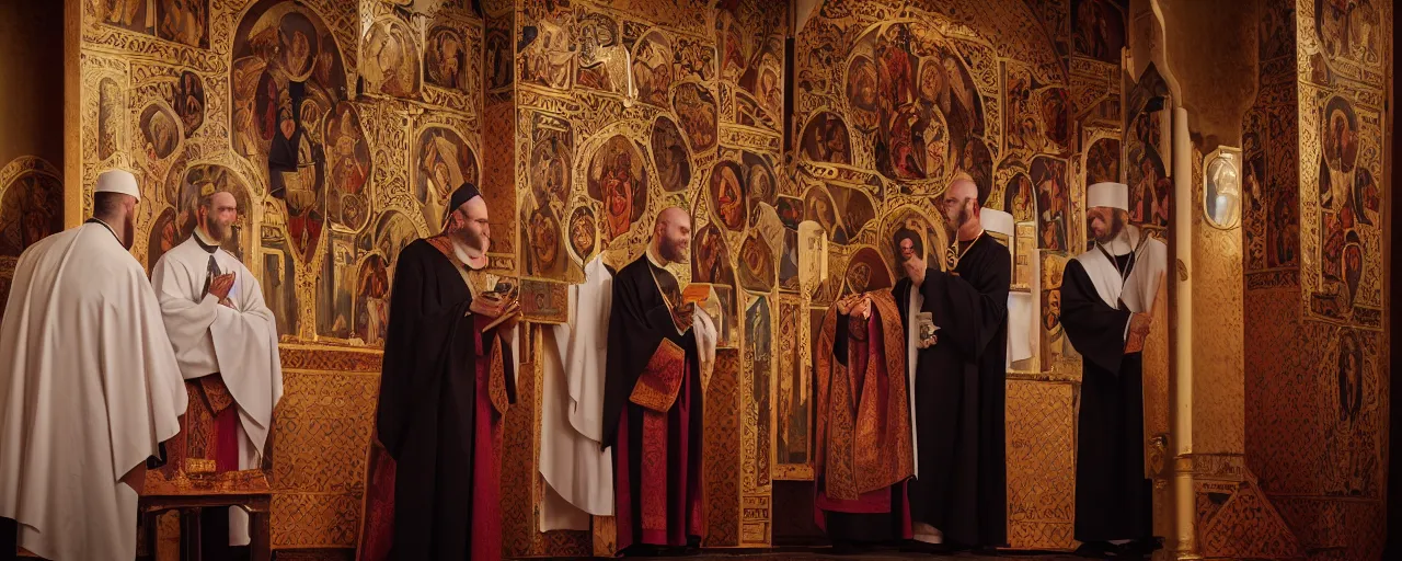 Image similar to three orthodox priests with cute caracal faces, in orthodox church, orthodox icons, volumetric lighting, twilight, dramatic, noir, blur, bokeh, cinematic, shallow depth of field, 8 0 mm, f 1. 8