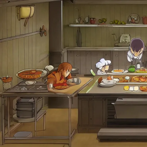 Image similar to a busy kitchen with hamster chefs by Studio ghibli, Kentaro Miura, Hiromu Arakawa, Koyoharu Gotouge, Takeshi obata, concept art, golden ratio