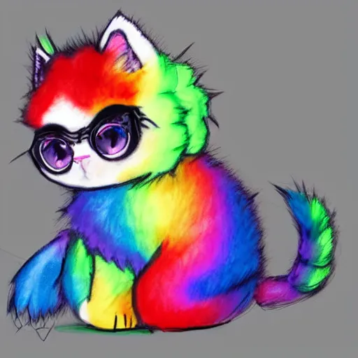 Image similar to wide angle full body, of a fluffy cute rainbow kitten wearing a black motorcycle jacket, concept art