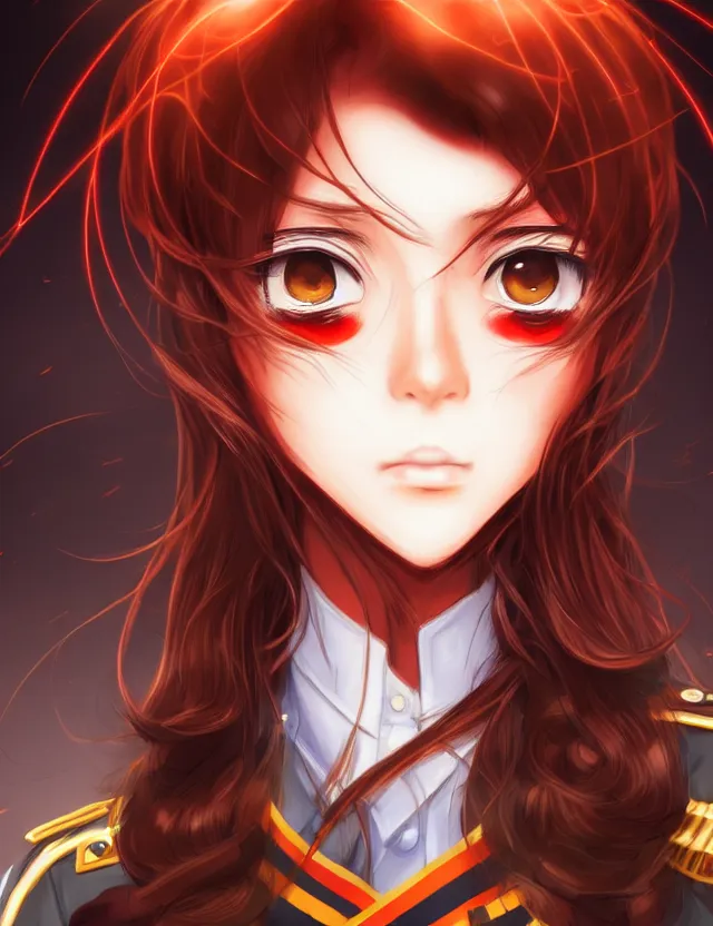 Image similar to a detailed manga portrait of a beautiful brown haired woman in a military uniform glowing with swirling red energy, trending on artstation, digital art, 4 k resolution, detailed, high quality, sharp focus, hq artwork, coherent, insane detail, character portrait