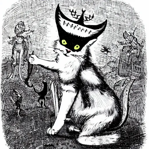 Prompt: a demon cat with a pitchfork in his paws and a crown looks at paradise, where cats circle round dances