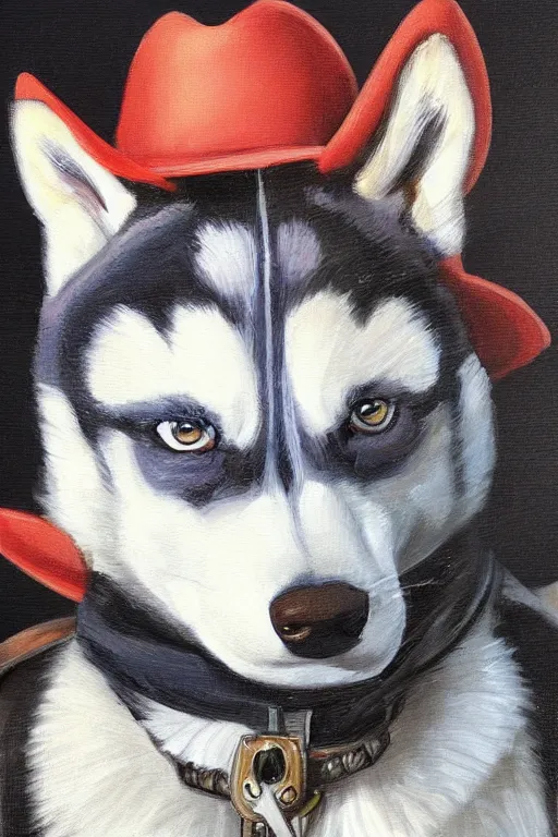 Image similar to a portrait painting of a husky in cowboy costume, wearing a cowboy hat, in the style of anime, trending on artstation