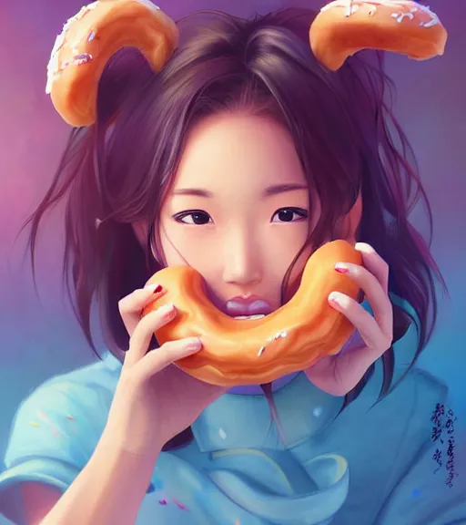 Image similar to ! dream aoi asahina, a tan skinned athletic japanese girl, eats a donut happily, art by stanley lau, artgerm, rossdraws, ross tran, sakimichan, cyarine, beautiful art