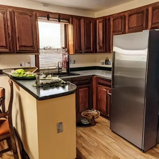 Image similar to photo of a kitchen with an entire cow in the fridge