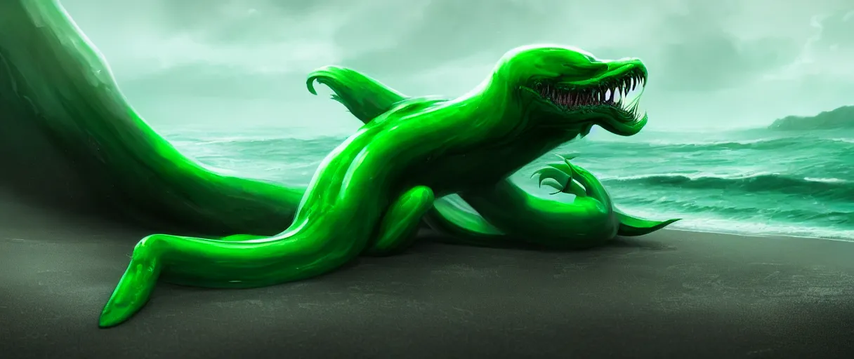 Prompt: a stunning cinematic extreme wide shot of an adorable confused slick sleek smooth green and jade humanoid sea monster wearing clothes made of seaweed on a dark stormy beach, well designed perfect with huge luminous sad eyes, sharp claws, cgsociety, hd octane render, fantasy, furry art, artstation, deviantart, furaffinity, very very clean, super smooth, thunderclouds