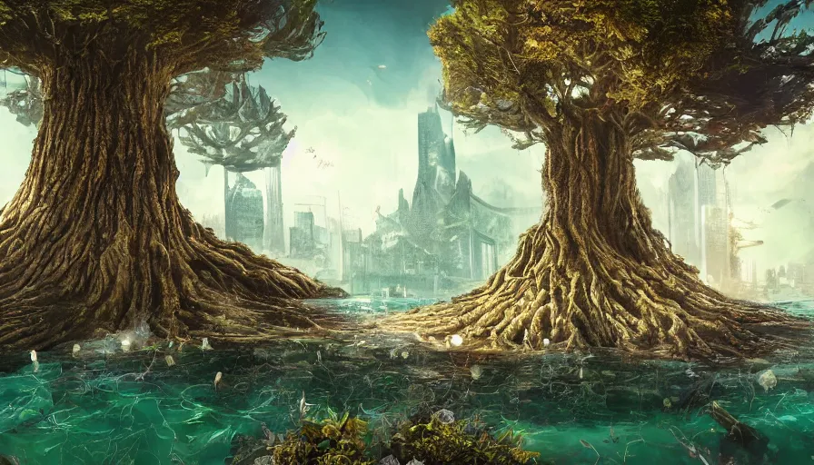 Image similar to ben lo illustration of the largest tree in the world inside rapture in the center of a lake, bioshock concept art, solarpunk, hopeful, colorful, flowers, deity, unreal engine, hyper realism, realistic shading, cinematic composition, realistic render, octane render, detailed textures, photorealistic, wide shot