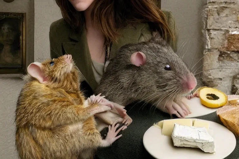 Prompt: photo, emma watson as anthropomorphic furry - rat, 6 5 5 5, she is a real huge fat rat with rat body, cats! are around, eating cheese, highly detailed, intricate details