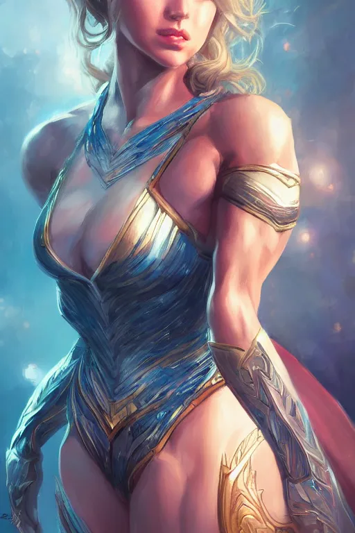 Image similar to three quarters portrait pose of a beautiful woman, strong body,super heroine costume,super powers, fantasy, intricate, elegant, highly detailed, digital painting, artstation, concept art,shining, sharp focus, illustration, art by Stanley Lau