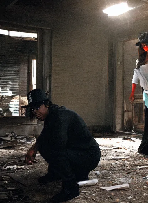 Prompt: film still of kim kardashian dressed as eazy e, derelict house, cinematic lighting, cinematic, rear pov,