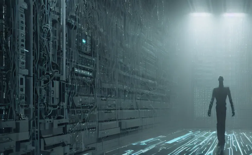 Image similar to extremely detailed cinematic movie still 3 0 7 7 foggy portrait shot of a robot dancing in an endless data centre by denis villeneuve, wayne barlowe, simon birch, marc simonetti, philippe druillet, beeple, bright volumetric sunlight from small windows, rich moody colors, closeup