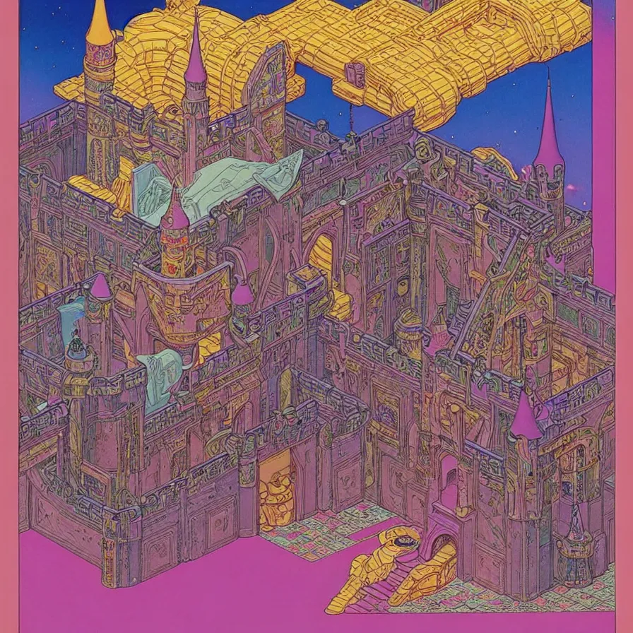 Image similar to ( ( ( ( inside of the huge castle, with decorative frame design ) ) ) ) by mœbius!!!!!!!!!!!!!!!!!!!!!!!!!!!, overdetailed art, colorful, artistic record jacket design