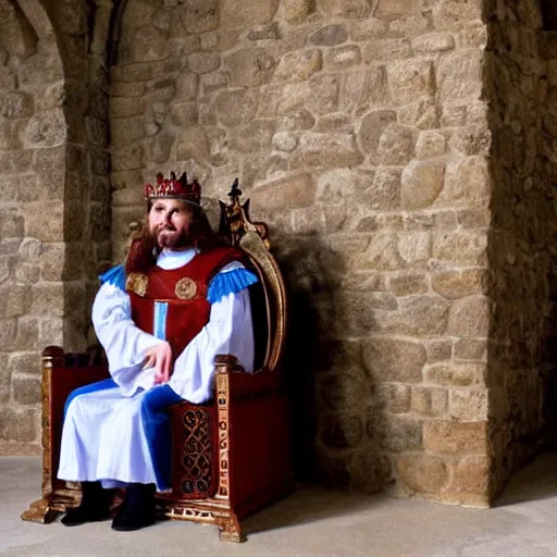 Prompt: medieval king inside castle takes a poop on his throne with people watching