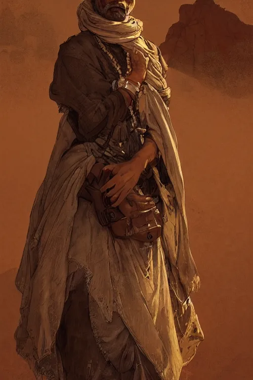 Image similar to a full body portrait of a beautiful post apocalyptic offworld desert bedouin blind beggar by the road, intricate, elegant, highly detailed, digital painting, artstation, concept art, smooth, sharp focus, illustration, art by krenz cushart and artem demura and alphonse mucha