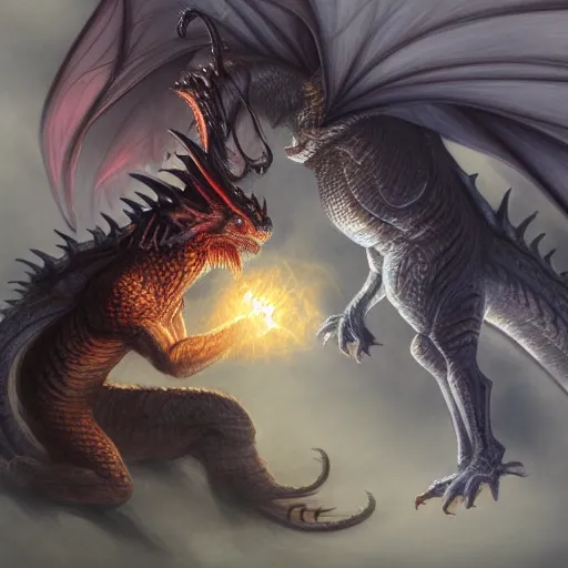 Image similar to a drawing of a dragon and a demon fighting, an illustration of by Anne Stokes, deviantart, fantasy art, d&d, grotesque, polycount