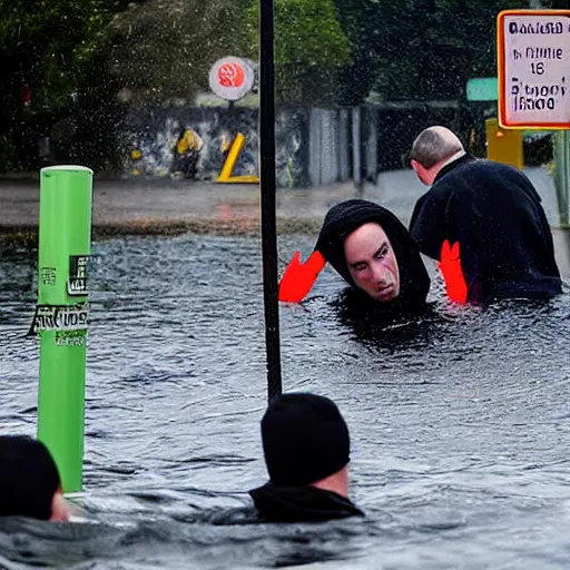 Image similar to guy with black hoodie is chained to a stop traffic sign pole under water. photo under the sea. trying to get free.