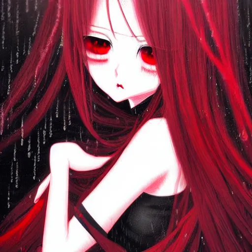 Image similar to beautiful lustful female ghost, in the rain, highly detailed, painting, dark red and black color palette, intricate, high quality anime artstyle, in the style of sana takeda