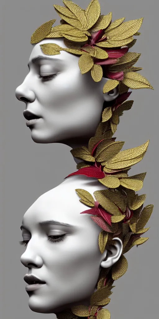 Image similar to complex 3d render ultra detailed of one single beautiful porcelain profile woman face, mechanical cyborg, 150 mm, accent lighting, beautiful studio soft light, rim light, silver gold red details, luxurious, magnolia big filigran ultra detailed leaves and stems, roots, Alexander Mcqueen haute couture, fine foliage lace, mesh wire, filigran intricate details, hyperrealistic, mandelbrot fractal, anatomical, silver metal armor, facial muscles, cable wires, microchip, elegant, white background, beautiful white teeth, beautiful lips, octane render, H.R. Giger style, 8k