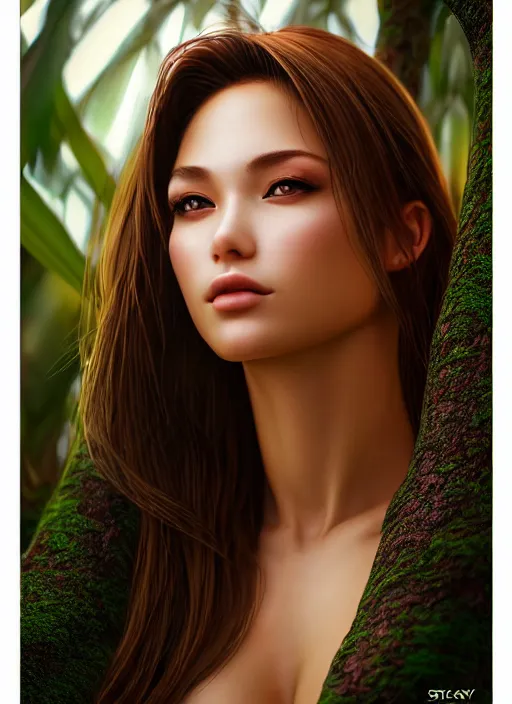 Image similar to photo of a gorgeous female in the style of stefan kostic, realistic, half body shot, sharp focus, 8 k high definition, insanely detailed, intricate, elegant, art by stanley lau and artgerm, extreme bokeh foliage