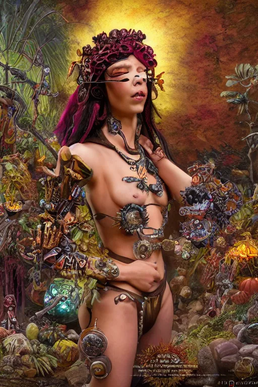 Image similar to cyberpunk aztec goddess in a zen rock garden, by Peter Kemp, by Artgerm, autumn, glamorous hairstyle, vermont fall colors, wearing translucent earthtone fashion, sad, Autumn, art nouveau by Brian Froud, frozen tear, berries, by Alphonse Mucha, highly detailed concept painting with cinematic lighting, trending on art station