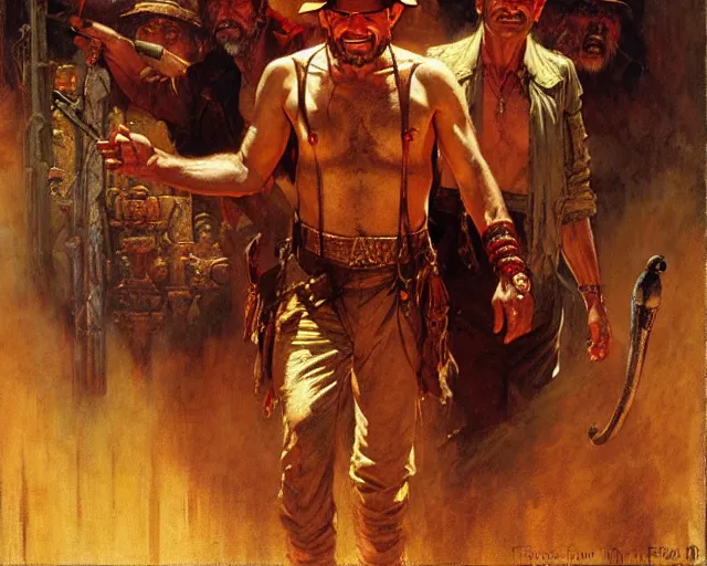 Image similar to indiana jones and the temple of doom, painting by gaston bussiere, craig mullins, j. c. leyendecker, tom of finland