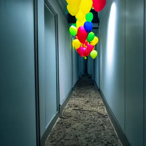 Prompt: flash photograph of a creepy narrow long hallway with several primary colored balloons floating, dark lighting, liminal space, horror scene