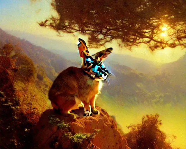 Image similar to hyper realistic rabbit looking off of a cliff, sun setting behind rabbit, lush forest in valley below, painted by gaston bussiere, craig mullins, j. c. leyendecker 8 k