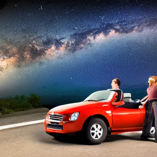 Image similar to realistic photo of man and woman in a convertible car parked near a cliff, gazing at the stars. big dipper. romantic