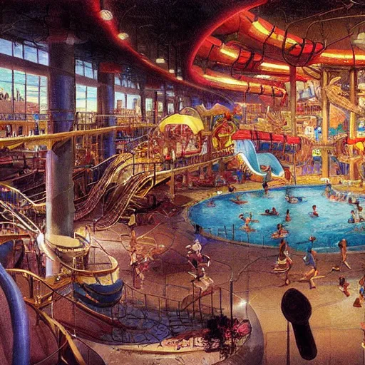 Prompt: waterpark in a mcdonalds fast food restaurant painting by brain froud, charles vess, cinematic lighting, epic composition, highly detailed