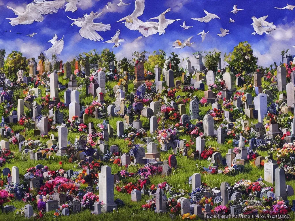 Prompt: cemetery among the clouds with many tombstones next to flying white birds and falling flowers with bouquets in front of the tombstones, painting by ben enwonwu, sunny day, sunlight, bright, twinkling light, soft light, dreamy