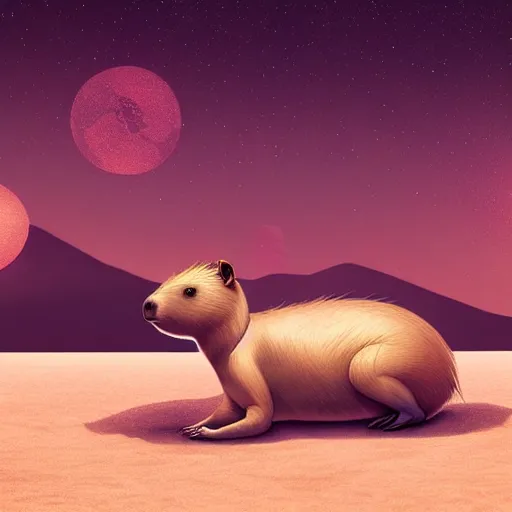 Image similar to beautiful digital fantasy illustration of a Birth Machine, Capybara pirate, keeping vigil over the salt flats, lights in the night, highly detailed, soft lighting, rendered in octane, masterpiece, very very very aesthetic, exquisite marble details