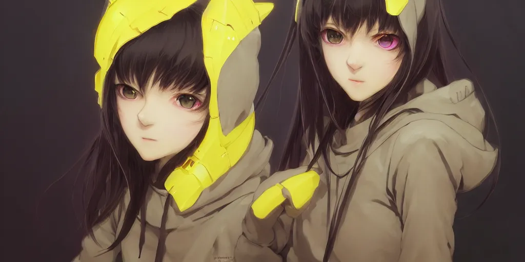 Image similar to yellow eyes, beautiful, anime, cyborg - girl, wearing a cat hoodie, wlop, ilya kuvshinov, artgerm, krenz cushart, greg rutkowski, hiroaki samura, range murata, james jean, katsuhiro otomo, erik jones, serov, surikov, vasnetsov, repin, kramskoi