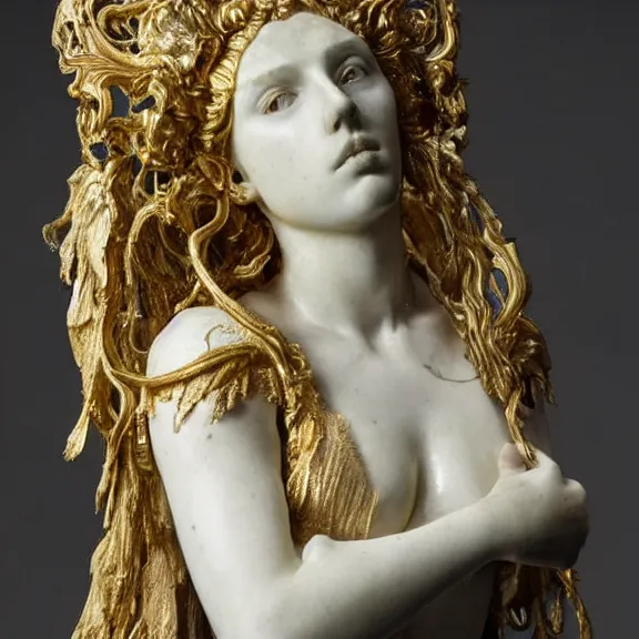 Prompt: a white art nouveau marble and gold head and torso sculpture of a worried young scarlett johansson as joan of arc with long, flowing hair, wearing intricate gold plate armor on her chest, delicate, intricate, smooth, beautiful, by charles van der stappen