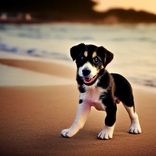 Image similar to cute puppy playing with a tennis ball at the beach, photo shoot, realistic, cinematic