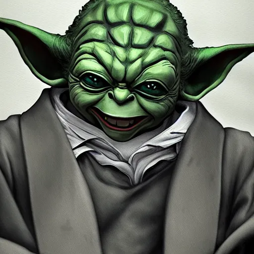 Prompt: master yoda joker joker, artstation, elegant, highly detailed, digital painting, concept art, smooth, sharp focus, illustration, art by studio ghibli