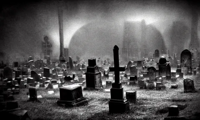 Image similar to new orleans style graveyard, crystal lights shine shade render!, witch meeting black circle!, midnight colors, photograph taken by giger and beksinski and death fog and decaying megacity