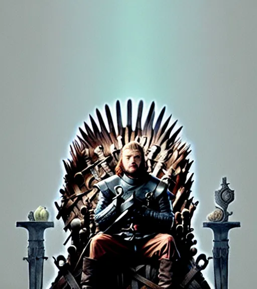 Image similar to portrait of a king ( game of thrones ) sitting on the throne made of fallen wood by atey ghailan, by greg rutkowski, by greg tocchini, by james gilleard, by joe fenton, by kaethe butcher, dynamic lighting, gradient light blue, brown, blonde cream and white color scheme, grunge aesthetic