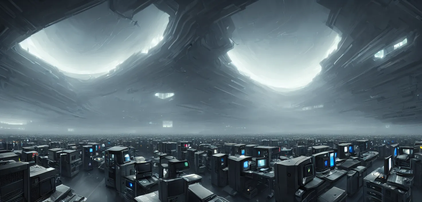 Image similar to computers, wired in, in a highly detailed server room with computers everywhere, cinematic view, epic sky, detailed, concept art, low angle, high detail, warm lighting, volumetric, godrays, vivid, beautiful, trending on artstation, by jordan grimmer, huge scene, art greg rutkowski