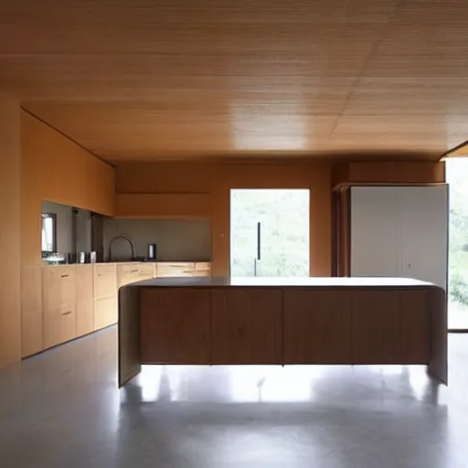 Image similar to “extravagant luxury modern kitchen, interior design, natural materials, by Tadao Ando and Koichi Takada”